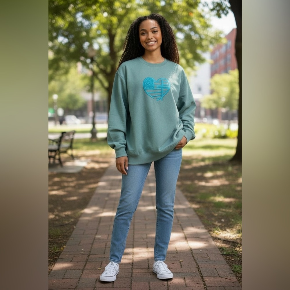 Love in Faith Teal Heart Flag Fleece Lined Sweatshirt